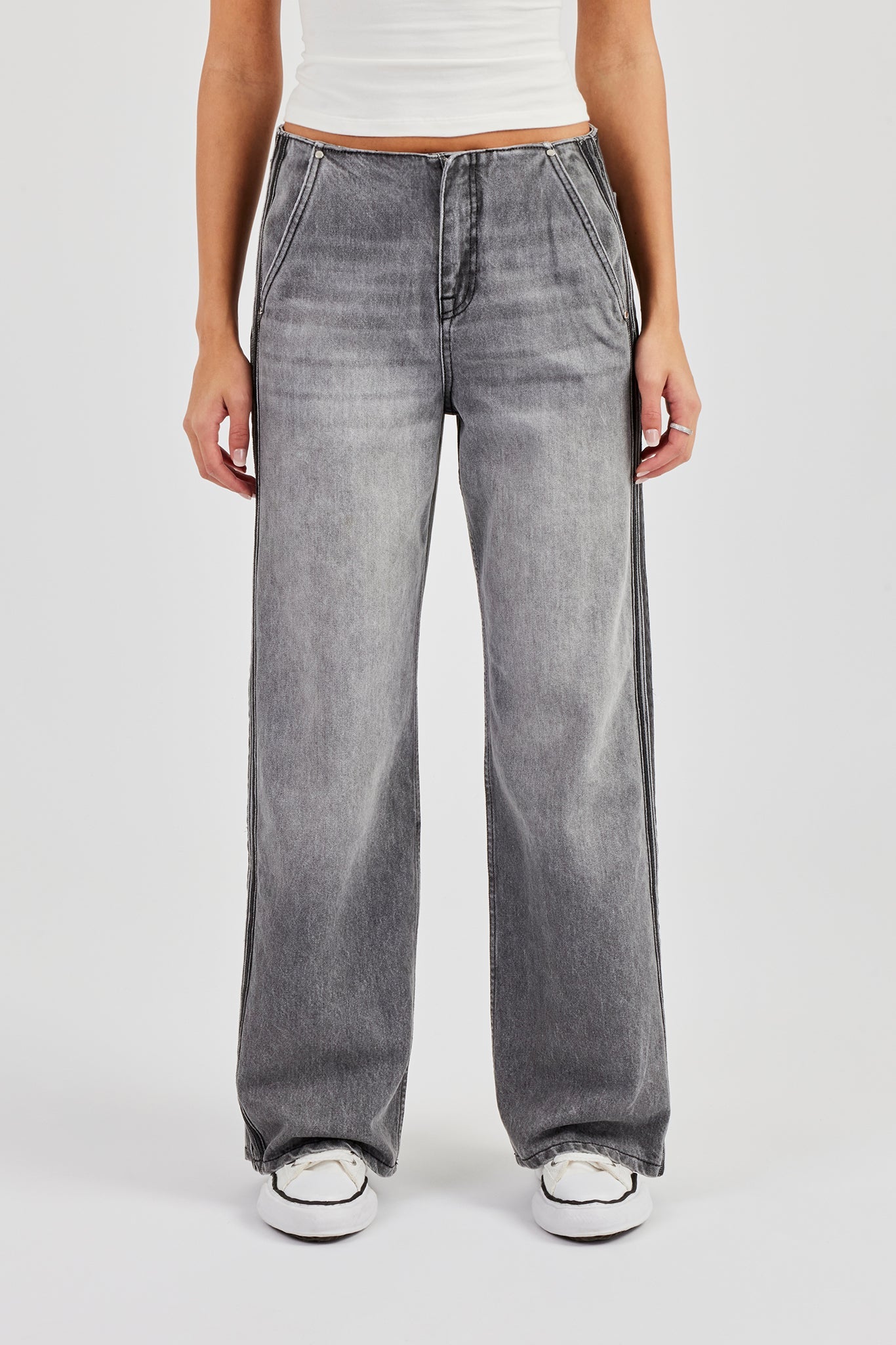 Double Stripe Baggy Jean - Washed Grey